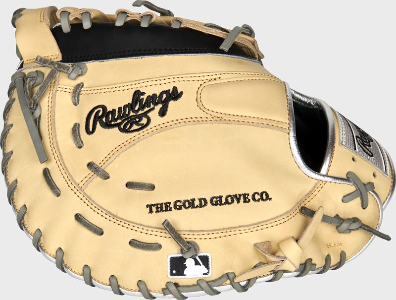 Back of a camel HOH R2G 12.5-Inch first base mitt with the MLB logo on the pinky - SKU: PRORFM18-10BC