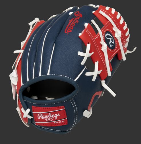 Back of a navy/red Cleveland Baseball Team 10-inch I-web glove with a red Rawlings patch - SKU: 22000014111