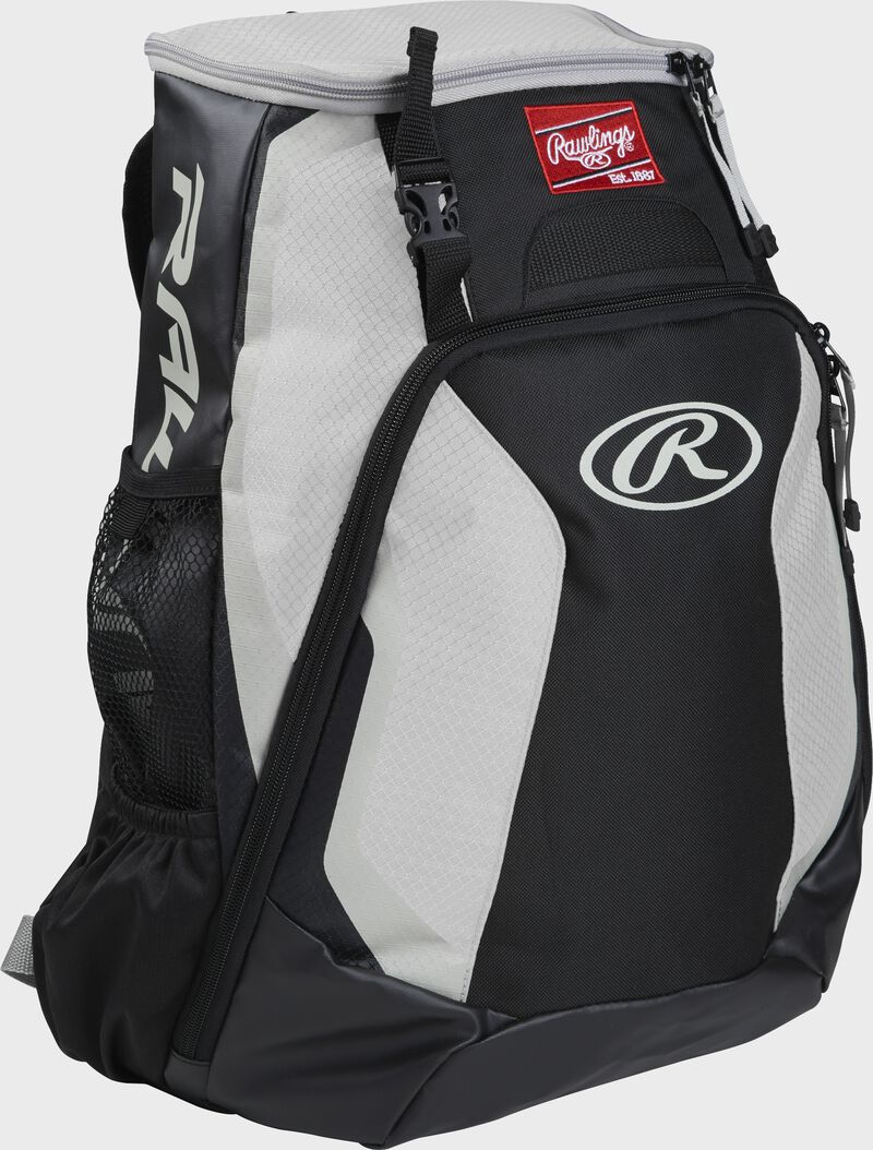 Right side of a black/white R500 Rawlings Players equipment backpack with white trim