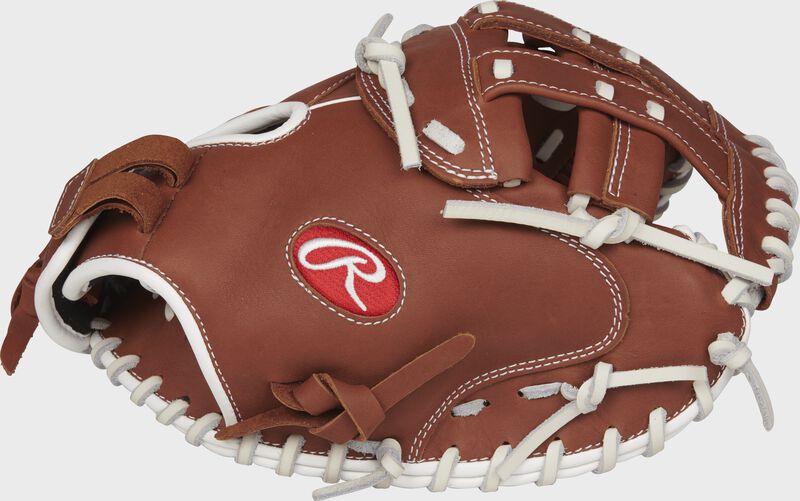 Thumb view of a brown R9SBCM33-24DB R9 Series 33-inch fastpitch catcher's mitt with a brown Modified H web