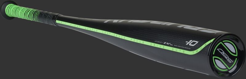 Angle view of a black 2021 USSSA 5150 bat with a -10 stamp on the end of the barrel and black end cap - SKU: UT1510