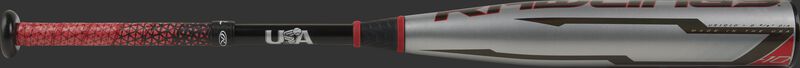 Silver barrel of a USA -10 Quatro Pro youth bat with red/black Lizard Skins grip - SKU: US1Q10