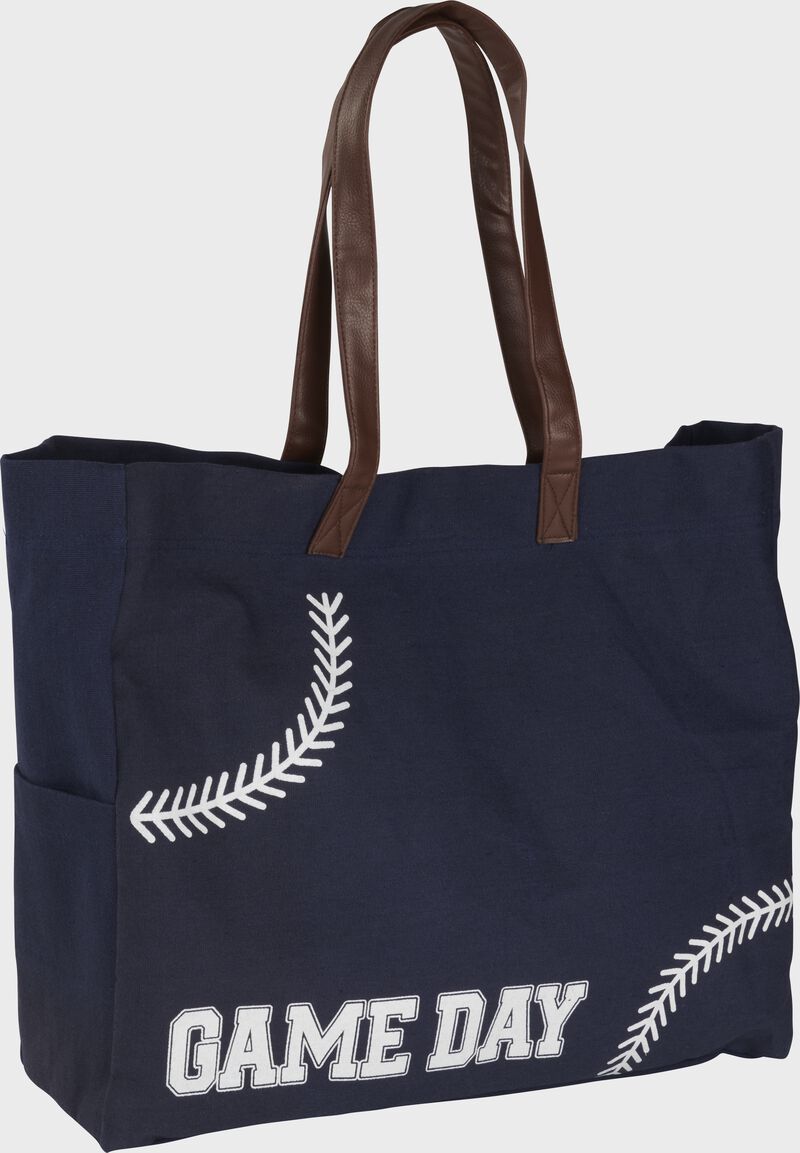 A navy women's gameday carry-all tote bag with a baseball stitch design - SKU: P50253