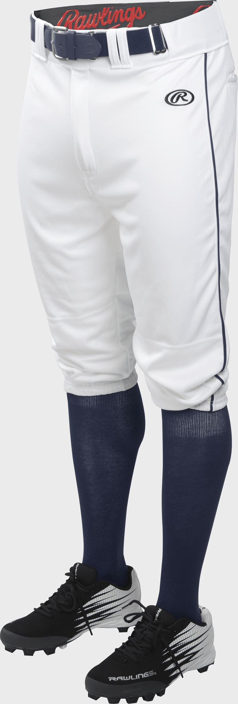 Front of Rawlings White/Navy Adult Launch Piped Knicker Baseball Pant - SKU #LNCHKPP-W/N