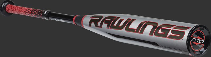 Angled view of a silver/black/red -10 Quatro Pro bat with a black Rawlings logo on the barrel - SKU: US1Q10