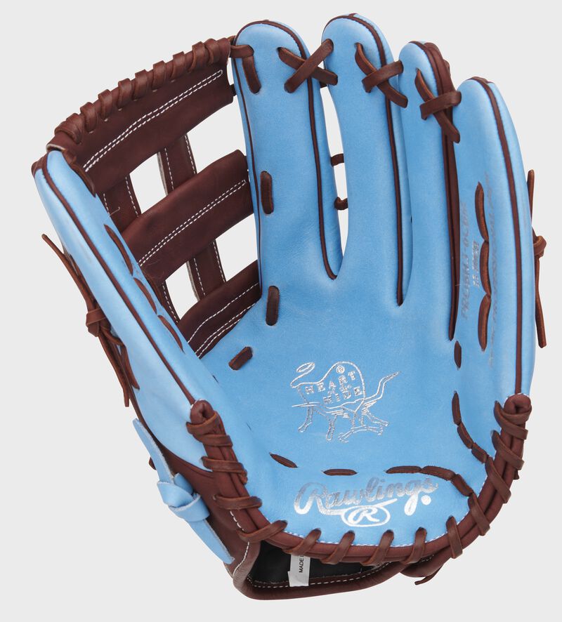 Columbia blue palm of a Heart of the Hide exclusive outfield glove with a maroon web and laces - SKU: PROBH3-6CBM loading=