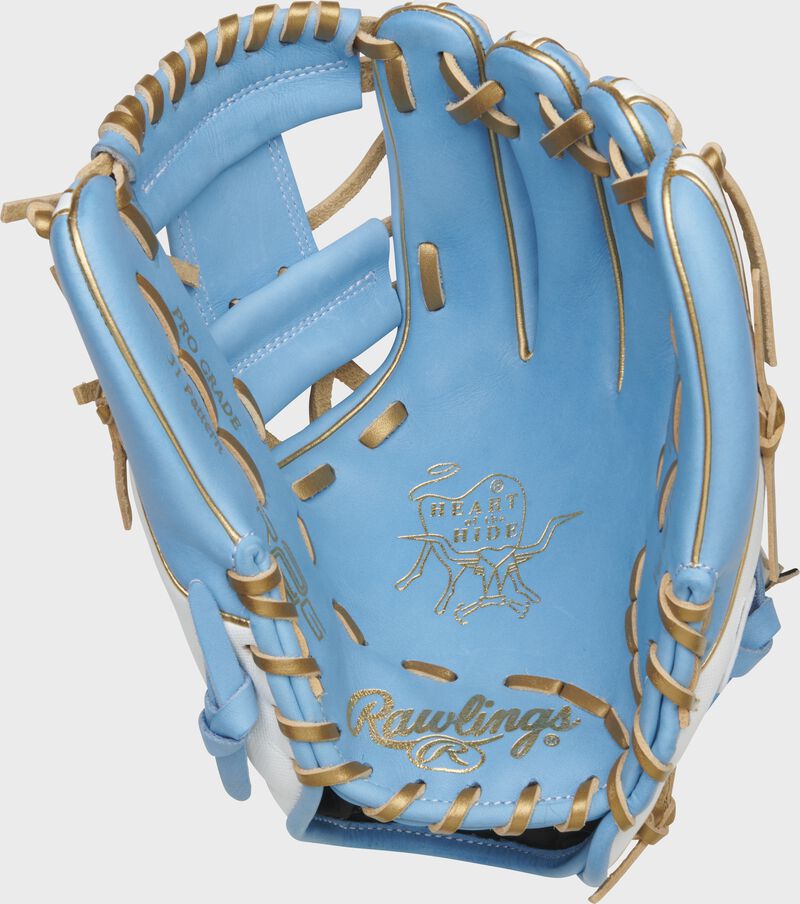 Columbia blue palm of a Rawlings HOH R2G infield glove with gold stamping and gold laces - SKU: PROR314-2CBSS