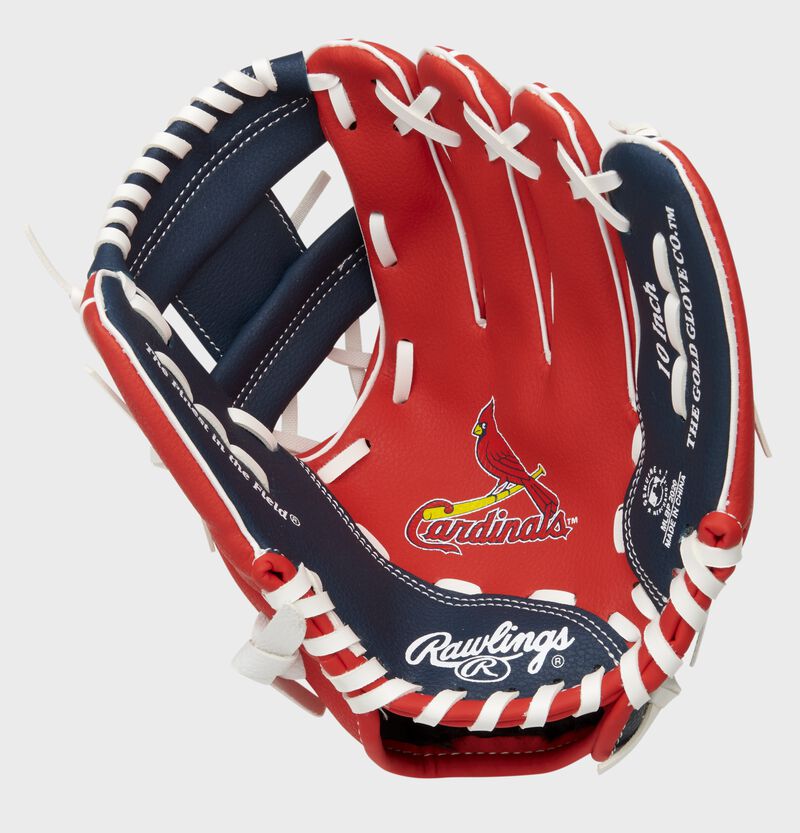 A red/navy Rawlings St. Louis Cardinals youth glove with a Cardinals logo on the palm - SKU: 22000007111 loading=