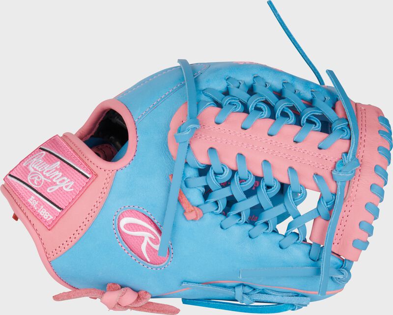 Thumb of a columbia blue/pink Heart of the Hide R2G 11.5" infield/pitcher's glove with a Modified Trap-Eze web - SKU: PROR204-4CBP