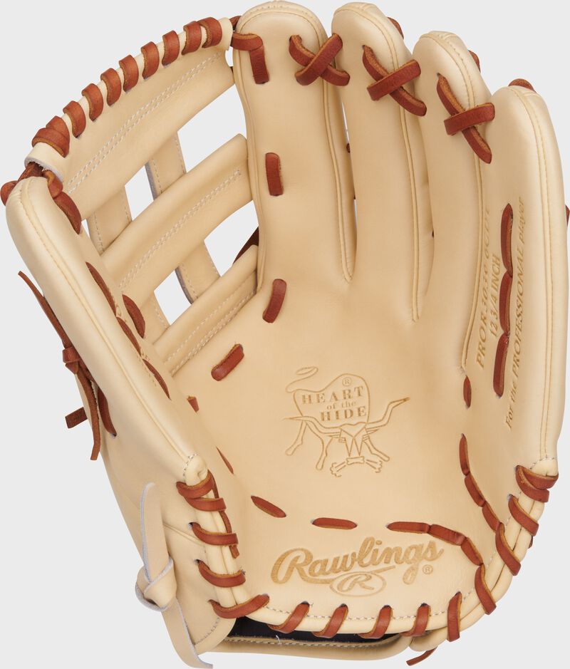 Camel palm of a Rawlings Heart of the Hide outfield glove with tan laces