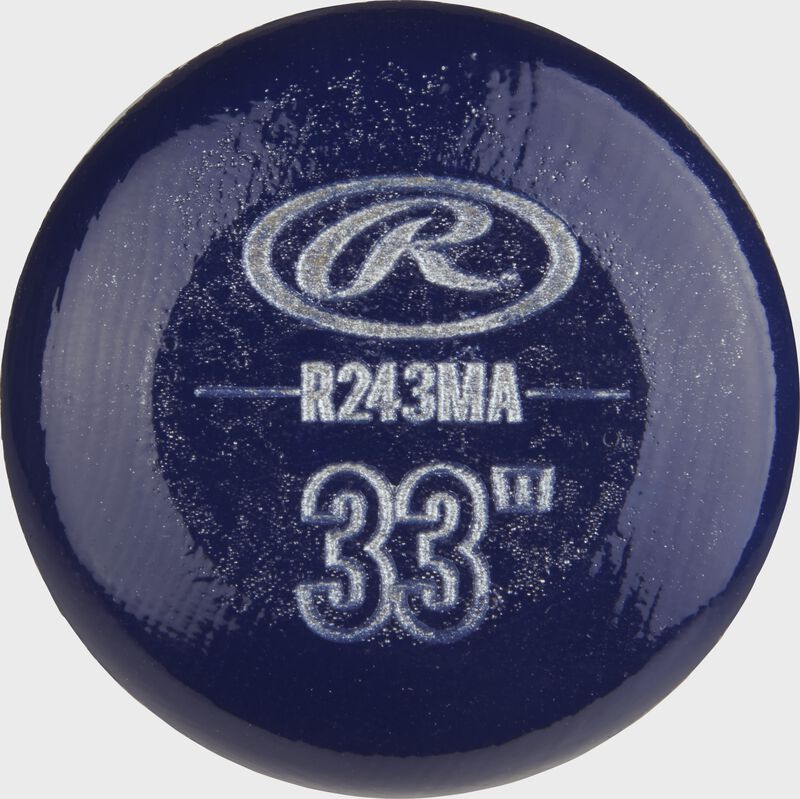 Blue knob of a R243MA Rawlings Big Stick wood bat