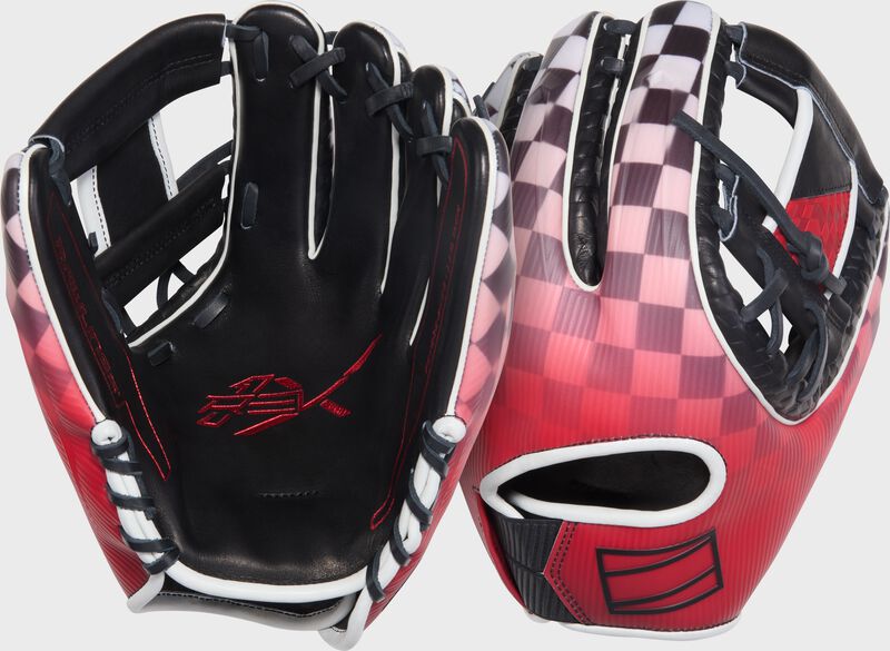 Two images showing the palm & back of a Rawlings REV1X Checkered Flag glove