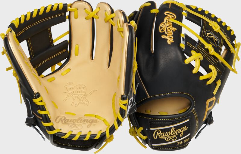 Two images showing the palm & back of a black/camel Pittsburgh Pirates Heart of the Hide glove