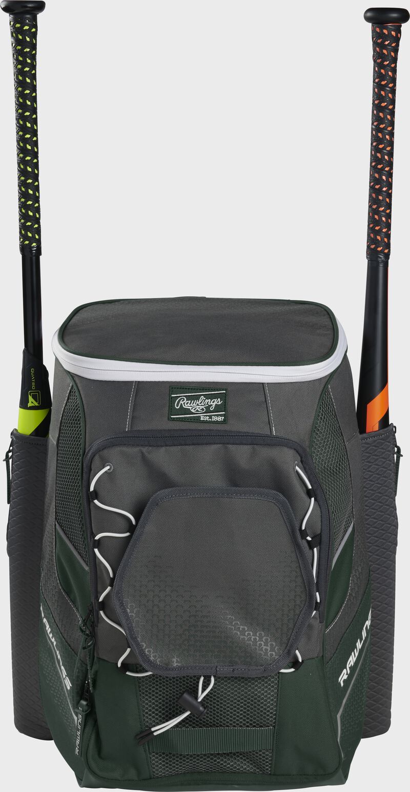 Front of a dark green Rawlings Impulse bag with a dark green Rawlings patch and two bats in the sides - SKU: IMPLSE-DG loading=