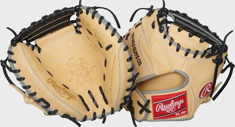 Two images showing the palm & back of a camel/black Heart of the Hide 27" catcher's training mitt