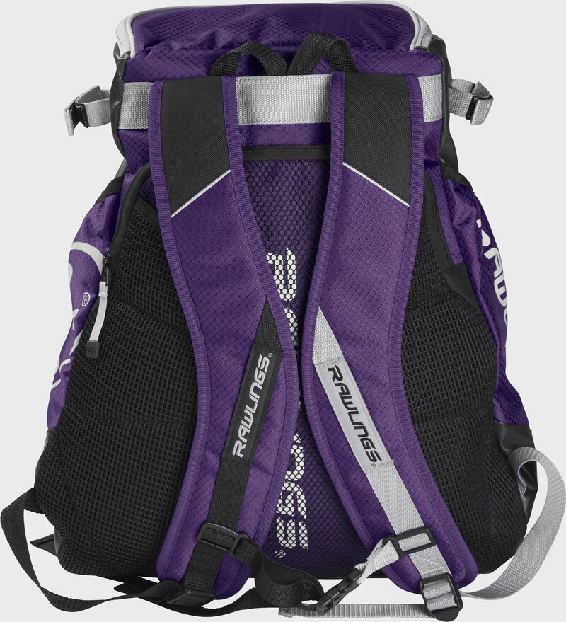 Back of a purple VELOBK Rawlings Velo backpack with purple shoulder straps