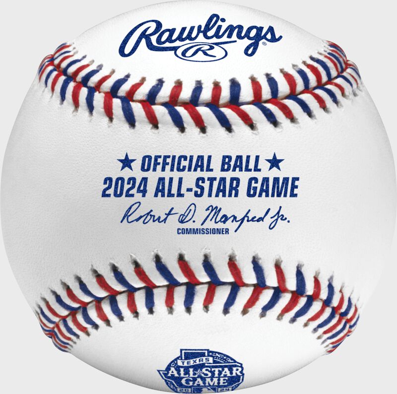 A 2024 Rawlings MLB commemorative All-Star game baseball with the 2024 ASG logo and gray/green stitching - SKU: EA-ASBB24-R