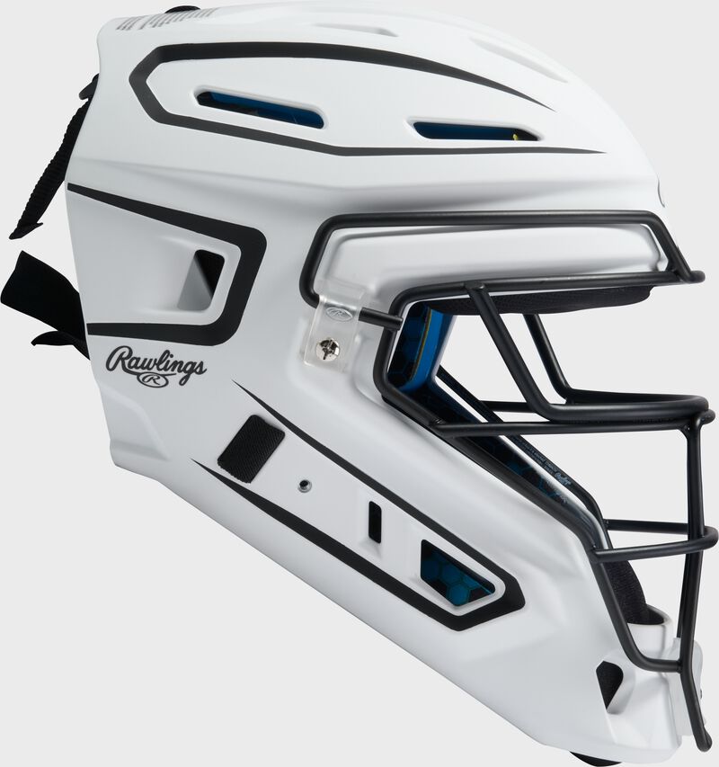 Right side of a white Rawlings Mach Pro Series catcher's helmet loading=