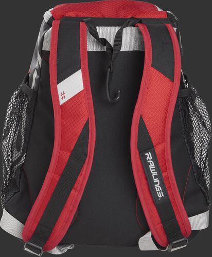 Back of a scarlet R400 Rawlings youth backpack with scarlet shoulder straps