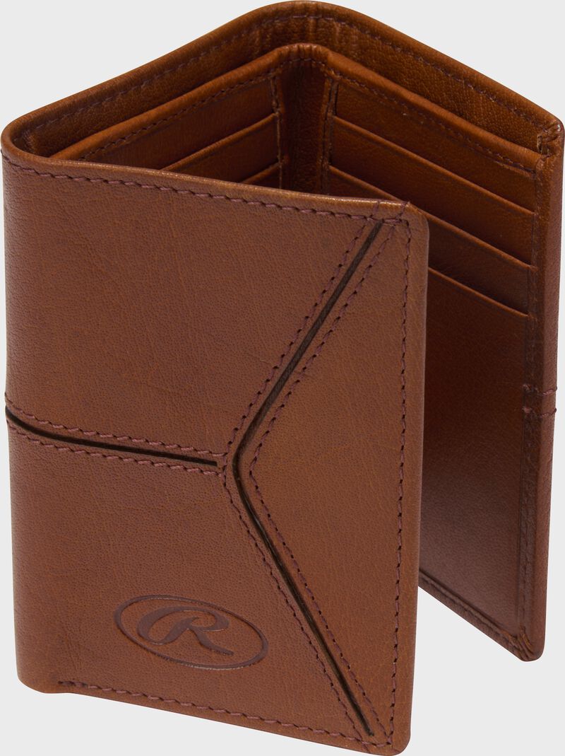 A tan Rawlings Home Run Tri-Fold wallet standing up while opened up