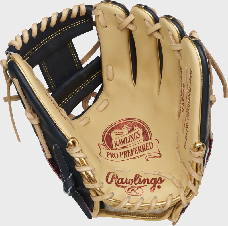 Camel palm of a Rawlings Pro Preferred infield glove with camel laces and scarlet palm stamping - SKU: PROS204W-2CN