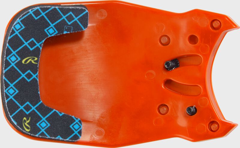 Inside of an athletic orange Rawlings RX2 Reverse adjustable batting helmet extension with black padding
