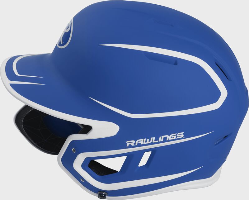 Left side of a MACHEXTR junior Rawlings batting helmet with a two-tone matte royal/white shell