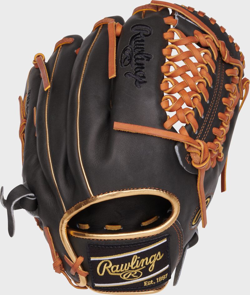 Dark Shadow back of an 11.75" Heart of the Hide Mod Trap web glove with a black Rawlings patch