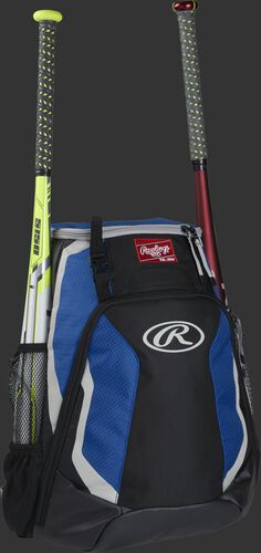 Right side of a black/royal R500 Rawlings baseball backpack with a white bat in the bat sleeve