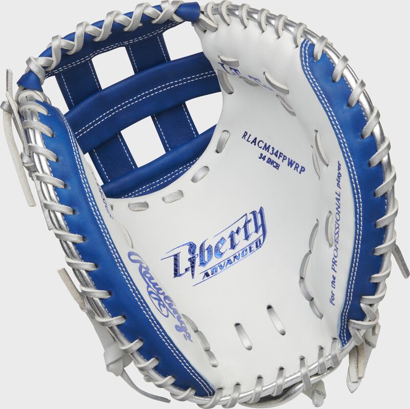 White palm of a Rawlings Liberty Advanced Color Series catcher's mitt with platinum laces and royal stamping - SKU: RLACM34FPWRP
