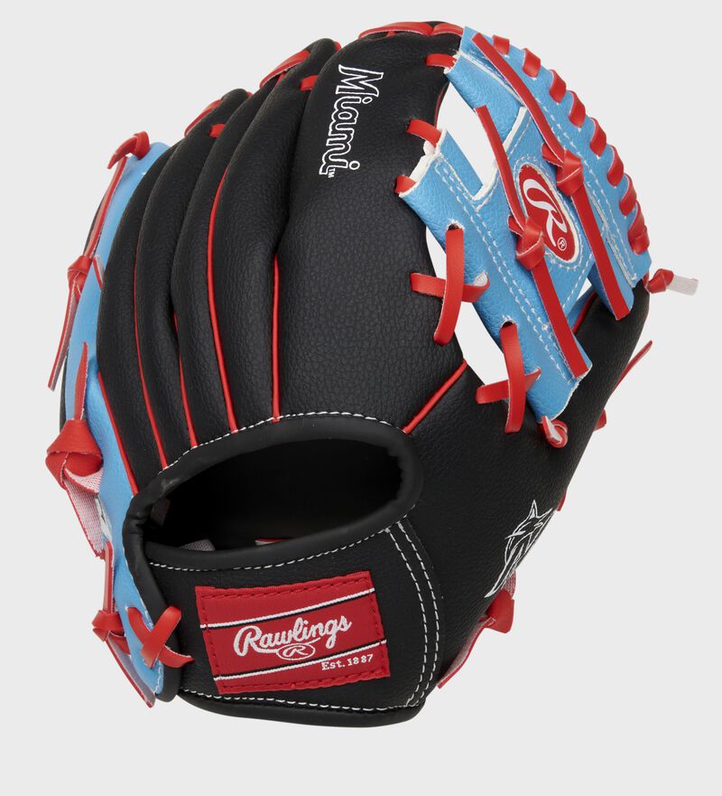 Back of a black/light blue Miami Marlins 10-inch I-web glove with a red Rawlings patch - SKU: 22000016111