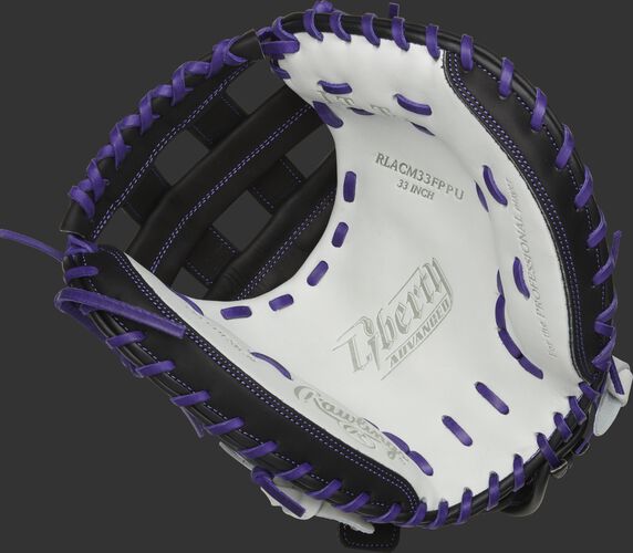 RLACM33FPPU Rawlings Liberty Advanced Color Series catcher's mitt with a white palm, black web and purple laces