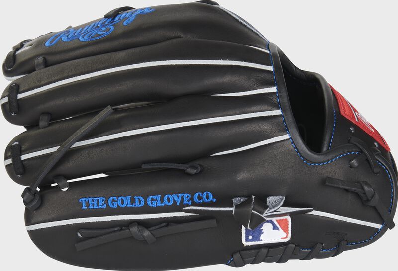 Back of a black Marcus Semien Gameday 57 Series Heart of the Hide glove with the MLB logo on the pinky - SKU: RSGPRO44L-2MS