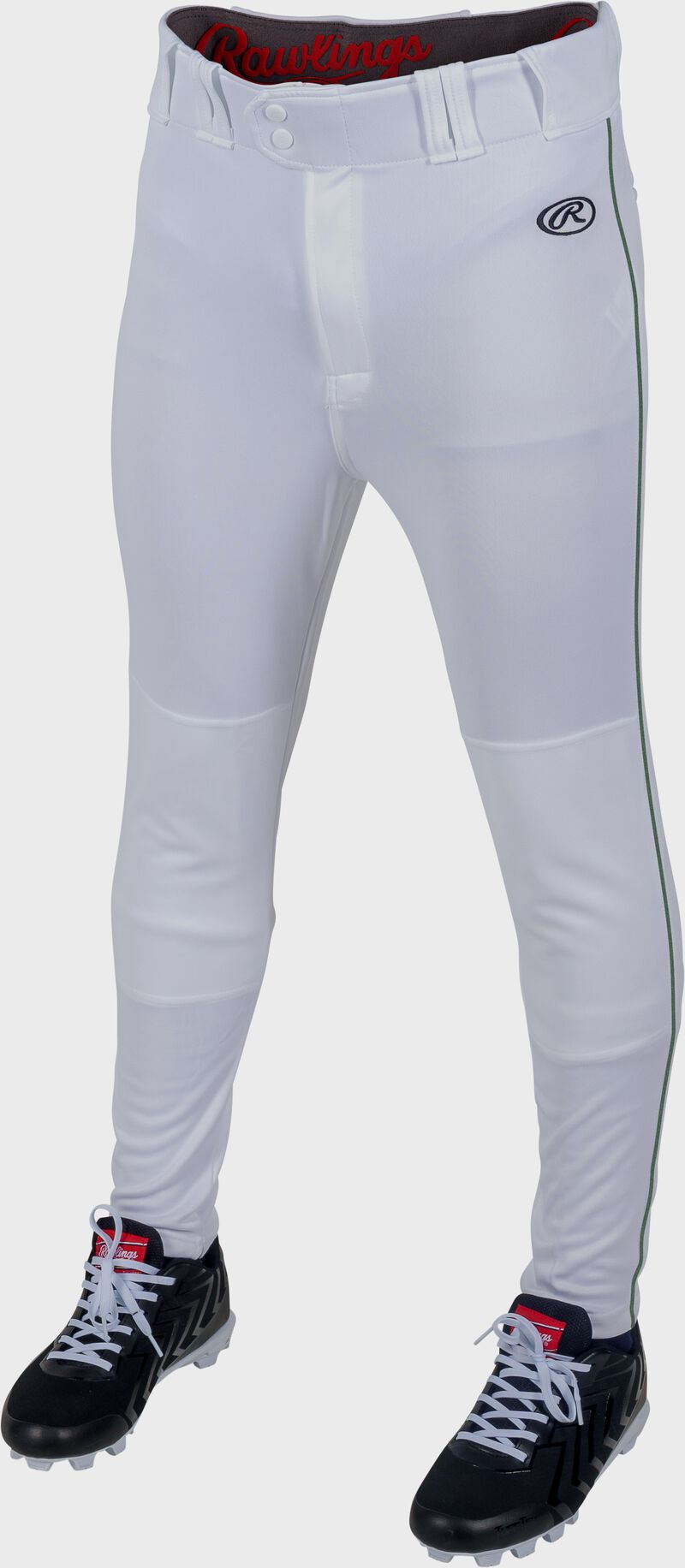 Rawlings Launch Jogger Fit Piped Baseball Pants, Youth L, White/Dark Green
