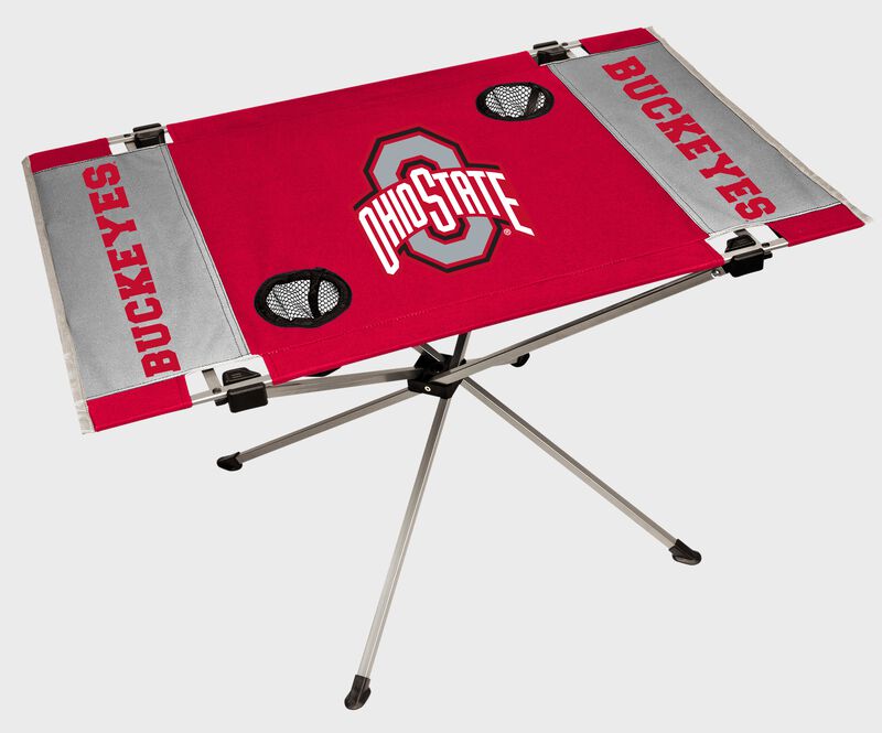An Ohio State Buckeyes endzone table with a large team logo in the middle
