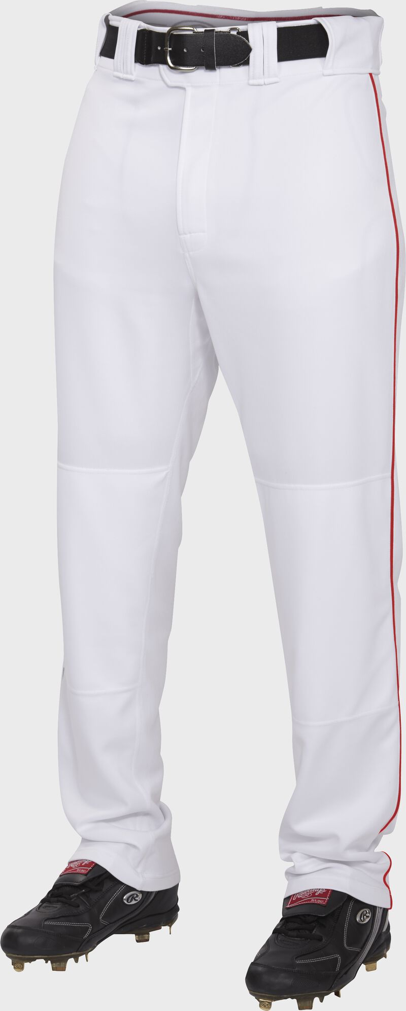 Front of Rawlings White/Scarlet Adult Semi-Relaxed Piped Pant - SKU #PRO150P-W/S