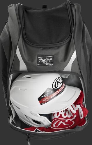 A gray Legion backpack with a helmet and other gear in the main compartment - SKU: LEGION-GR