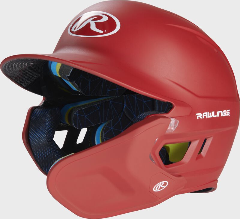 Front left-side view of Scarlet Rawlings Mach Carbon Batting Helmet - SKU: MAAR