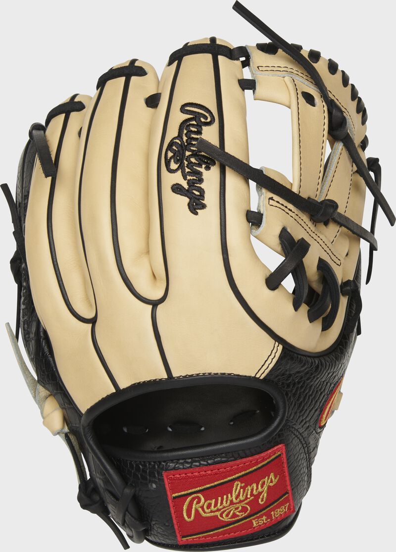 Back of a camel Heart of the Hide exclusive infield glove with black croc-embossed trim - SKU: PRO314-7BCC