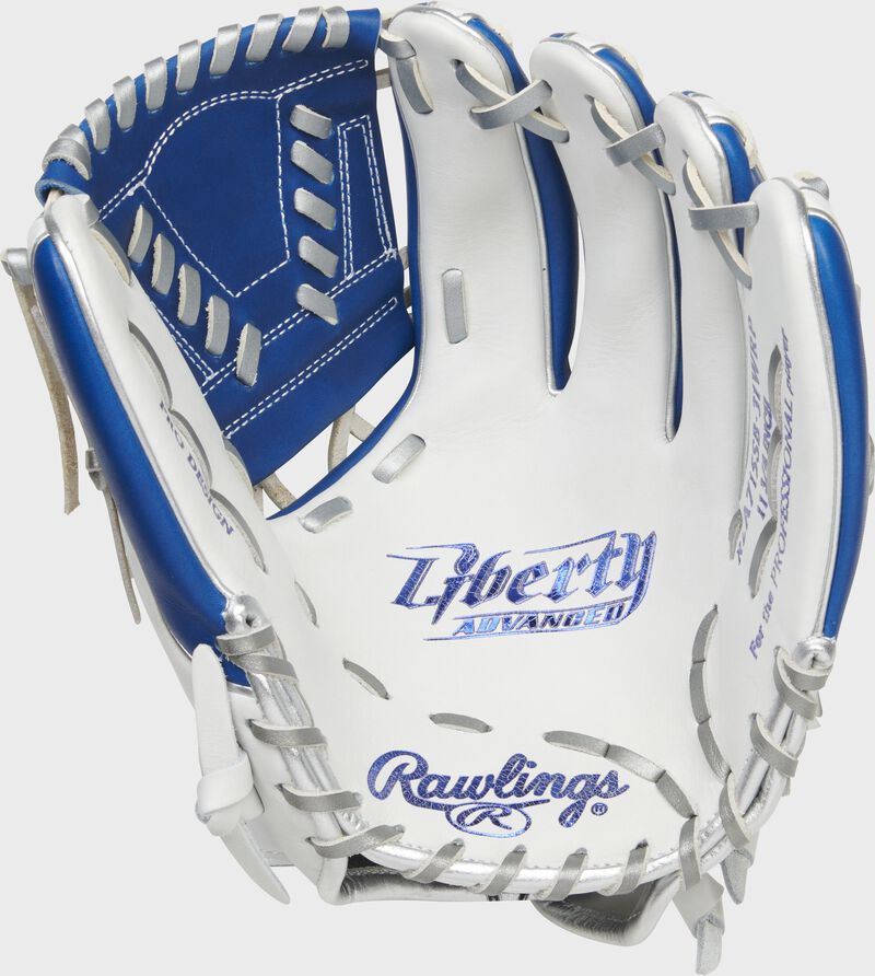 White palm of a Rawlings Liberty Advanced Color Series infield glove with platinum laces and royal stamp - SKU: RLA715SB-31WRP