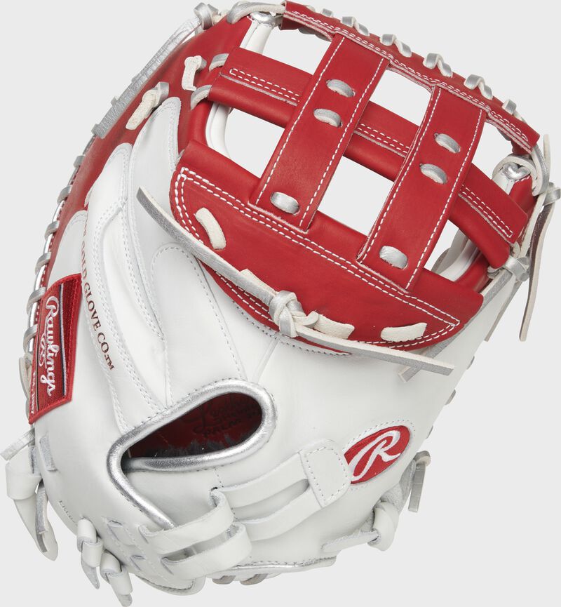 Back of white/scarlet Liberty Advanced Color Series catcher's mitt - SKU: RLACM34FPWSP