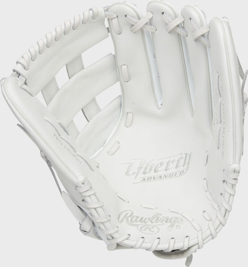 White palm of a Rawlings Liberty Advanced outfield glove with white laces - SKU: RLA1275SB-6WSS