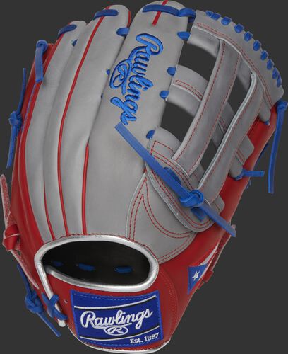 PRO3039-6PR Heart of the Hide 12.75-Inch Puerto Rico outfield glove with a grey back and royal Rawlings patch