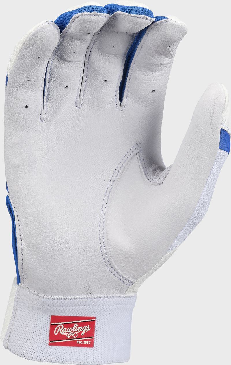 White palm of a white/royal Rawlings 5150 II batting glove - SKU: 5150IIBG-WHRY