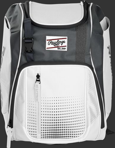 Front of a white Franchise baseball backpack with gray accents and a white Rawlings patch - SKU: FRANBP-W
