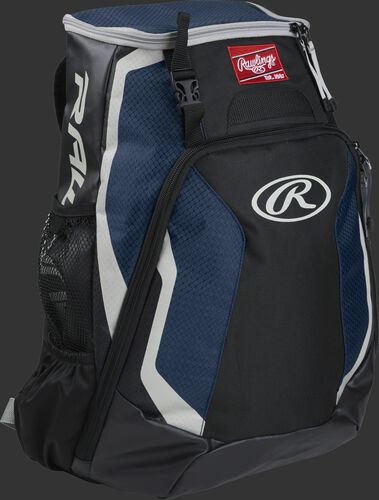 Right side of a black/navy R500 Rawlings Players equipment backpack with white trim