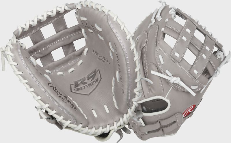 Two images showing the palm & back of a gray R9 Series 33" fastpitch catcher's mitt