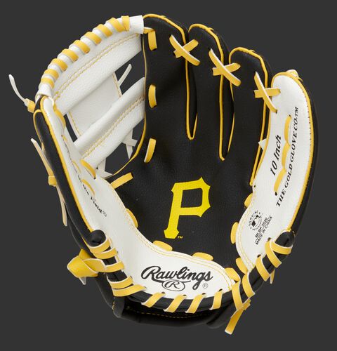 A black/white Rawlings Pittsburgh Pirates youth glove with a Pirates glove stamped in the palm - SKU: 22000021111