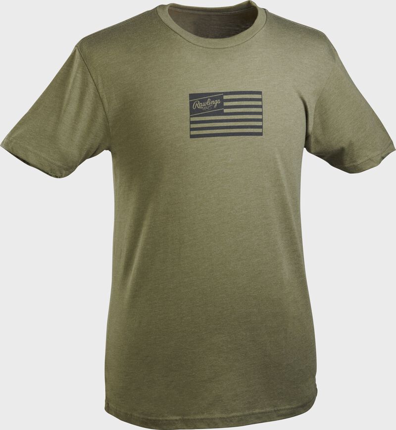 A dark green Rawlings American flag short sleeve shirt with a black print flag loading=