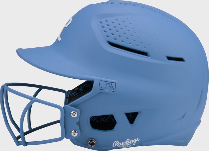 Left side of a Columbia blue Rawlings RX2 fastpitch batting helmet loading=